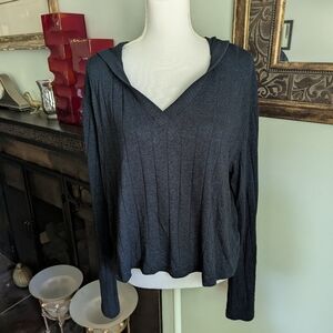 Athleta Knit Top Women's Large Blue Harmony Pose Hoodie Long Bell Sleeve 154